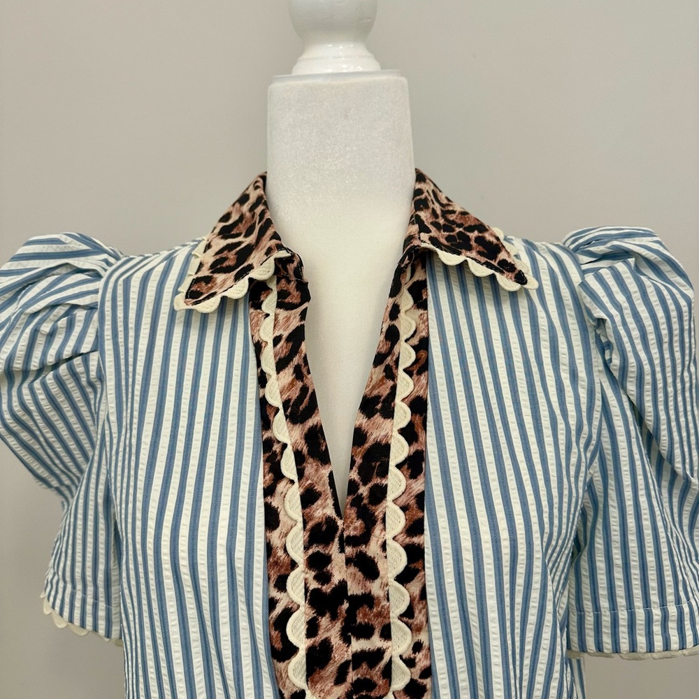 entro Blue and Leopard Trim Striped Puff Sleeve Blouse - Picture 2 of 3